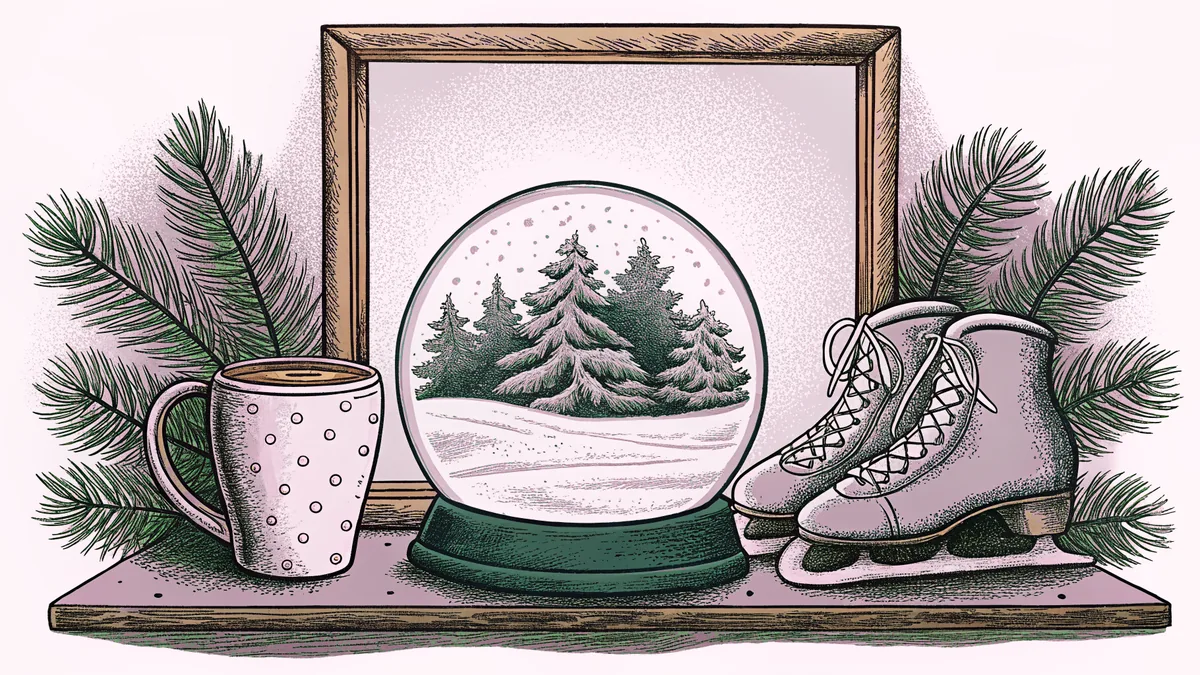 An ice-blue snow globe sits beside ice skates and a steaming cocoa mug on a frosty windowsill.