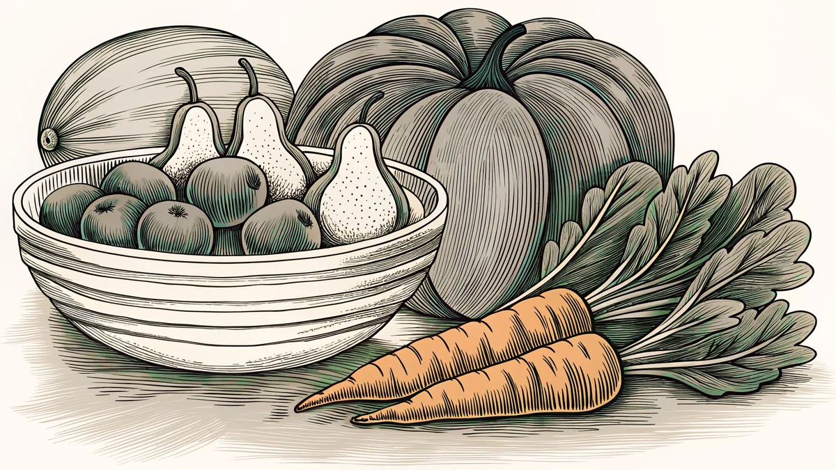 Pears and plums fill a wooden bowl beside carrots, celery and a striped melon on a kitchen counter.