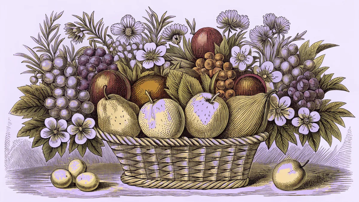 A garden display of colorful fruits and blossoms symbolizing spiritual virtues.
