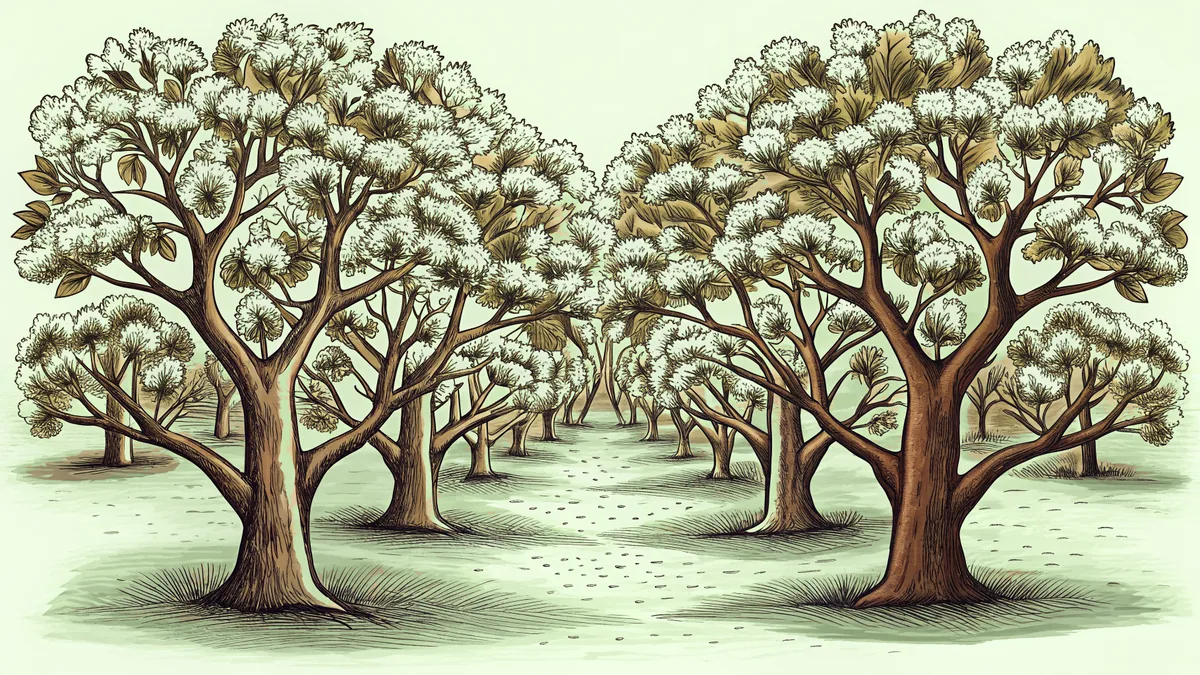 White blossoms on cherry and apple trees in a spring orchard with neatly pruned limbs.