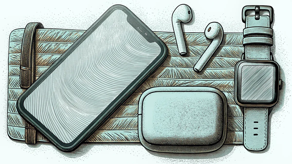 Modern smart gadgets arranged together—phone, earbuds, watch, drone, thermostat.