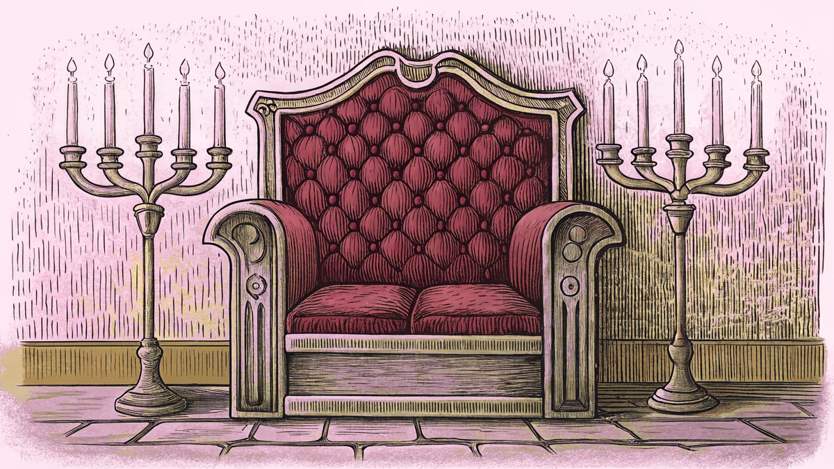 A grand throne silhouette stands beside an ornate candelabra on dark stone.