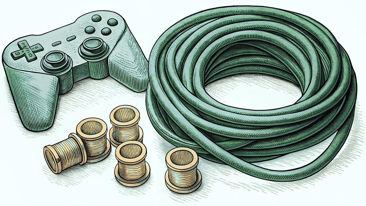 A controller, cartridges, tangled cables and a joystick grouped together.