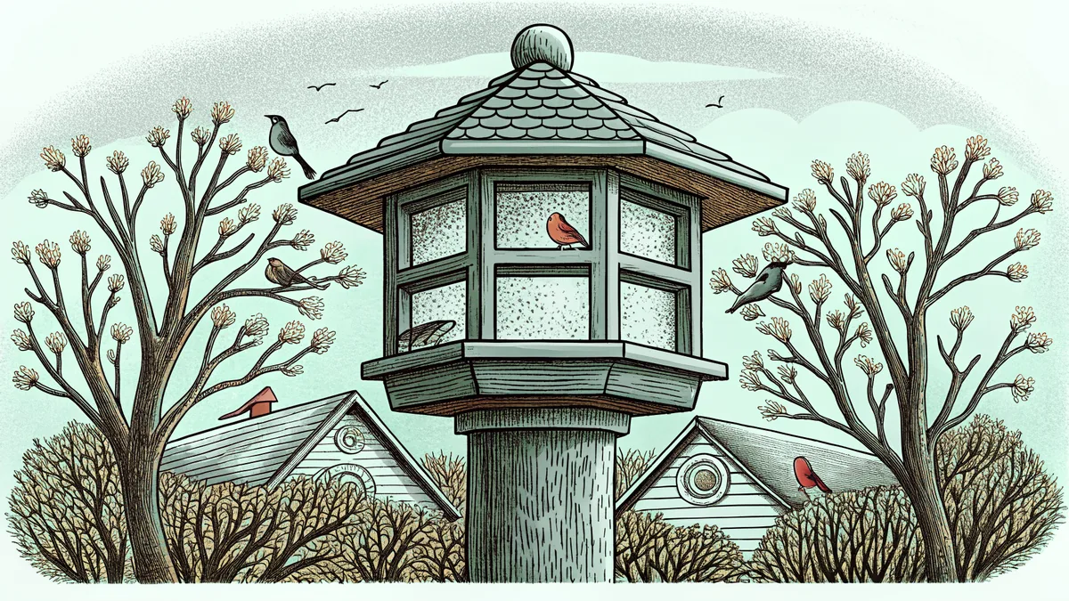 Birdfeeder surrounded by songbirds including robin, finch, sparrow, and blackbird.