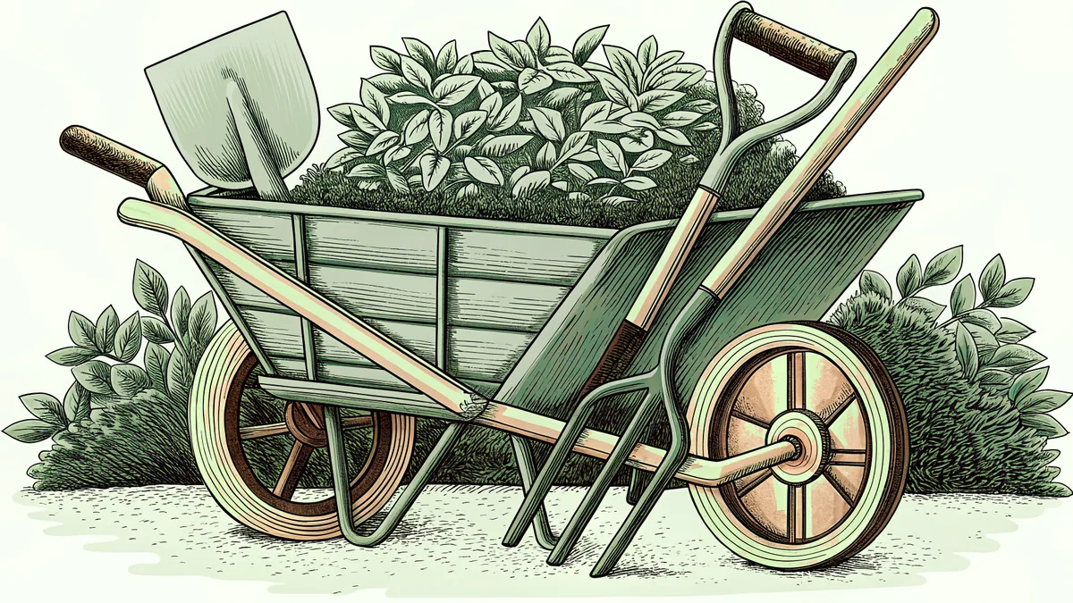 Gardening tools including spade and shears arranged in and beside a wooden wheelbarrow.