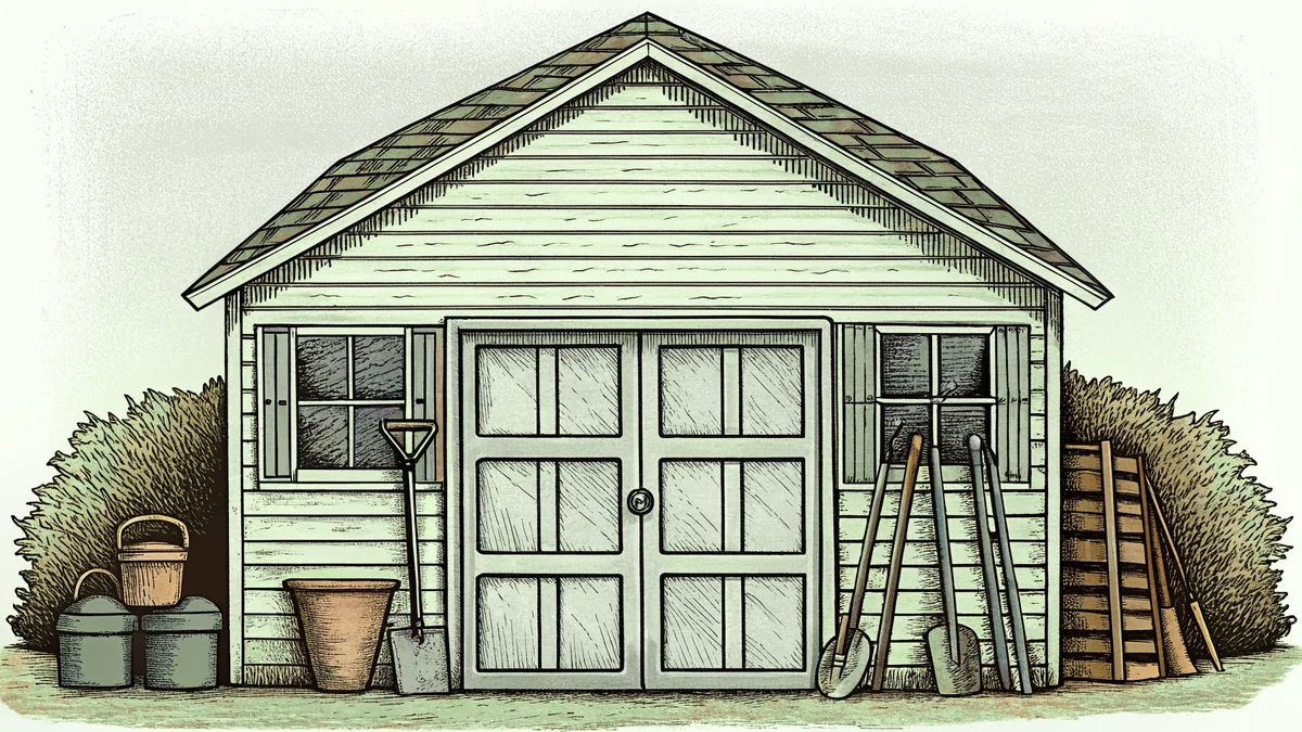 Gardening tools—rakes, shovels, watering cans, and shears—hang neatly in a bright shed.