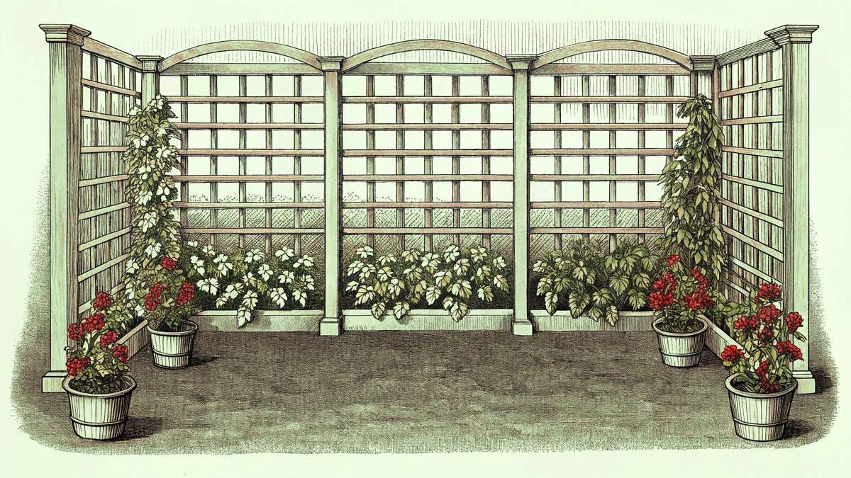 Garden scene showing climbing plants on trellis, flower borders, and dark soil.