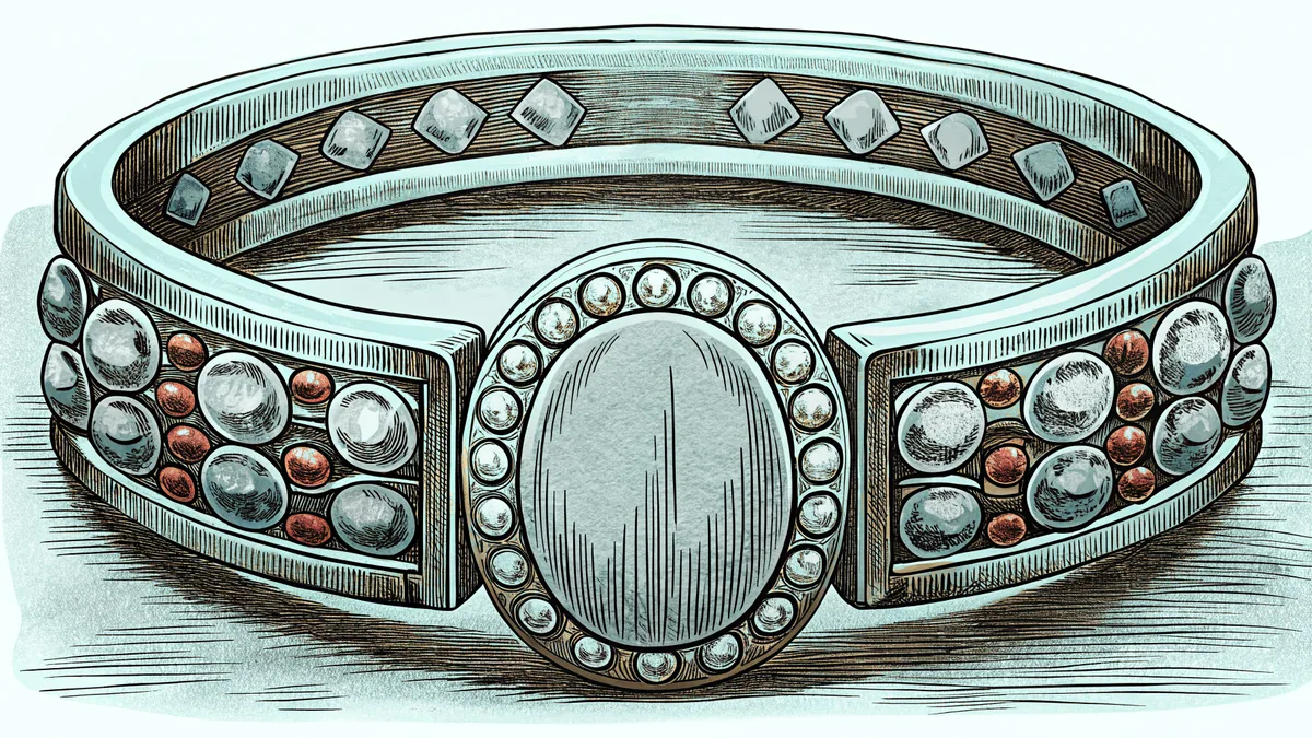 Brilliant gemstones—diamonds, emeralds, and rubies—sparkle under bright jeweler's lights.