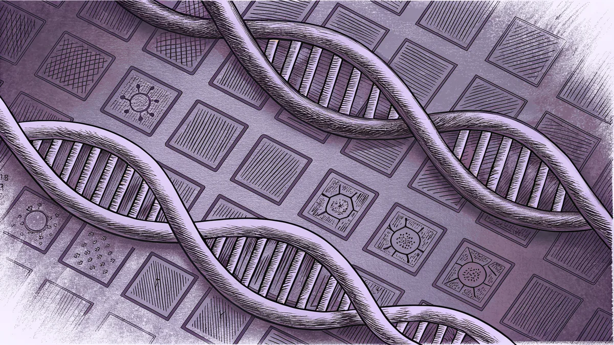 Scientific diagrams of DNA structures and genetic inheritance patterns.
