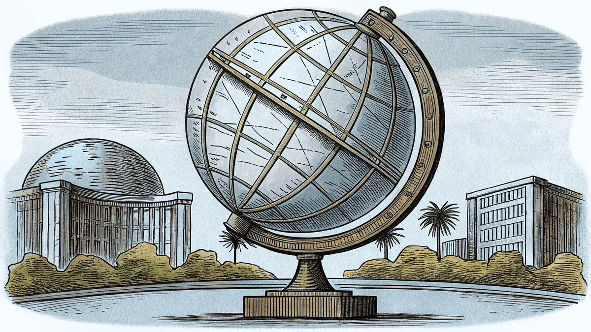 A wooden globe sits beside geographical features: desert sand, mountains, and a river.