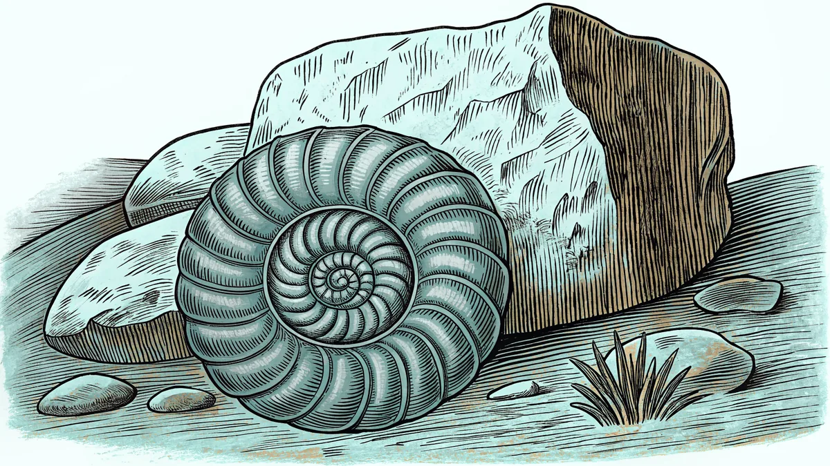 A fossil sits embedded in striped rock strata beside a large, weathered boulder.