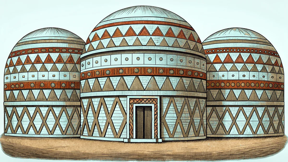 Geometric shapes arranged displaying parallel lines, circles, and symmetrical polygons