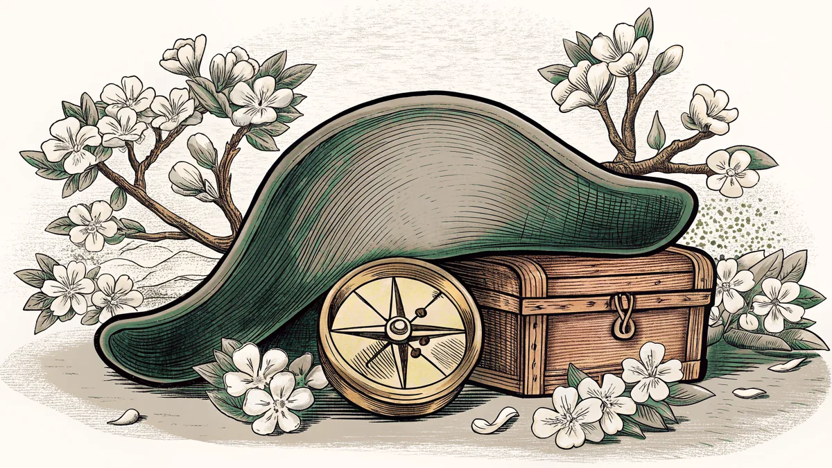 A tricorn hat and a surveyor's brass compass rest on a wooden chest beside blossoming cherry.