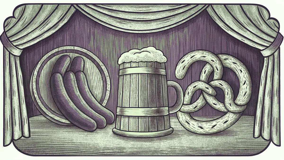 Beer stein with bratwurst sausages and soft pretzels at Oktoberfest