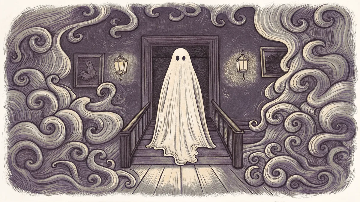 A ghostly apparition hovering in a shadowy room filled with ethereal fog.