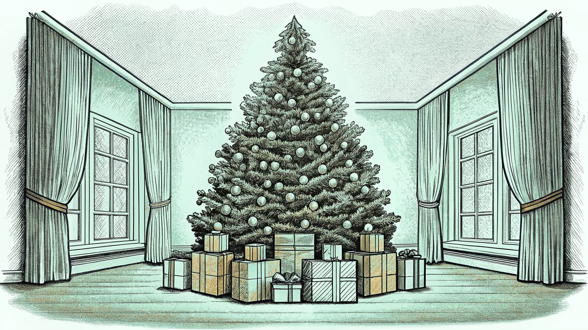 Wrapped Christmas gifts pile beneath a sparkling decorated tree in a living room.