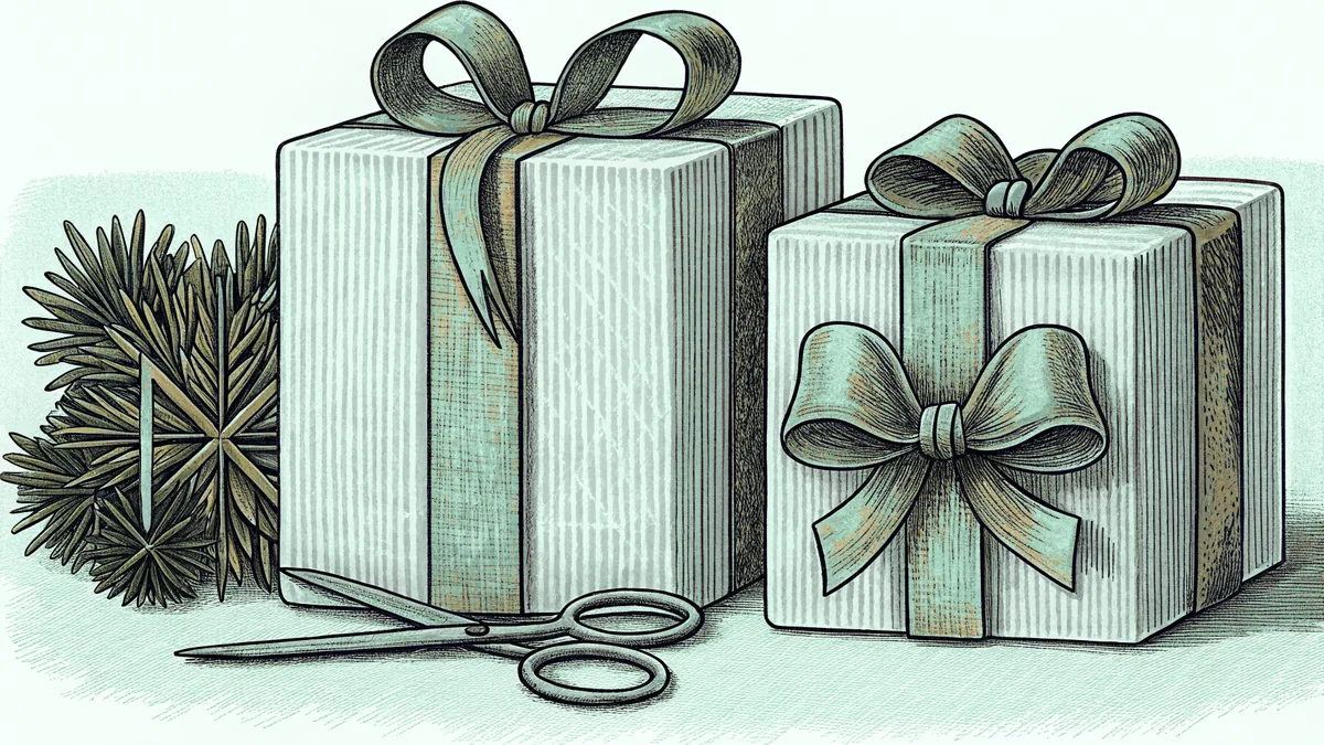 Wrapped presents decorated with ribbons, bows, and glittering tissue paper
