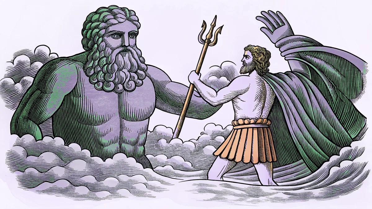 An epic mythological battle depicting towering giants clashing with gods amid storm clouds.