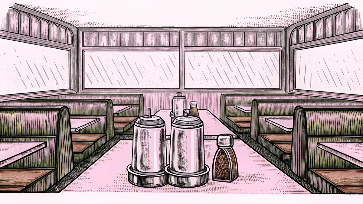 A retro diner features red vinyl booths and chrome stools beneath glowing neon lights.