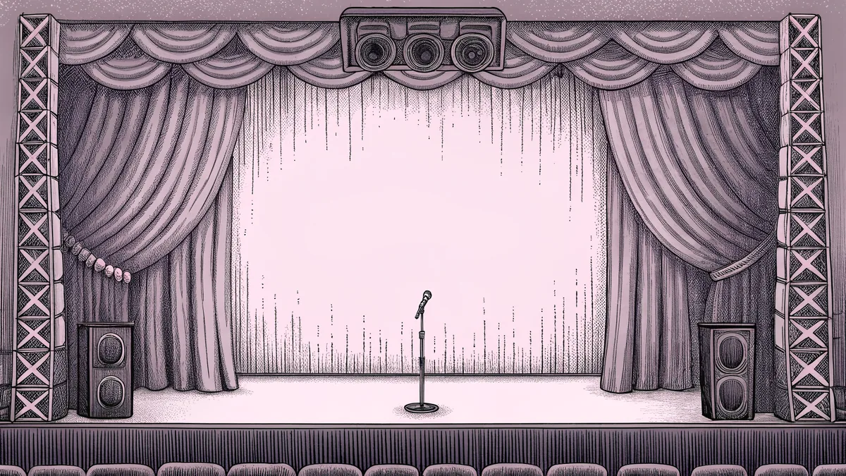 A vintage microphone stands under colored stage lights beside musical instruments.
