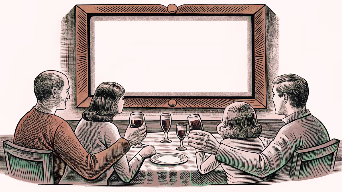 Around a dining table, a family gathers to raise glasses