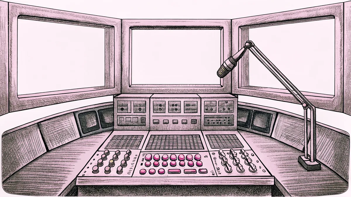 A professional microphone stand stands before a control console with lit indicator buttons in a recording studio booth.