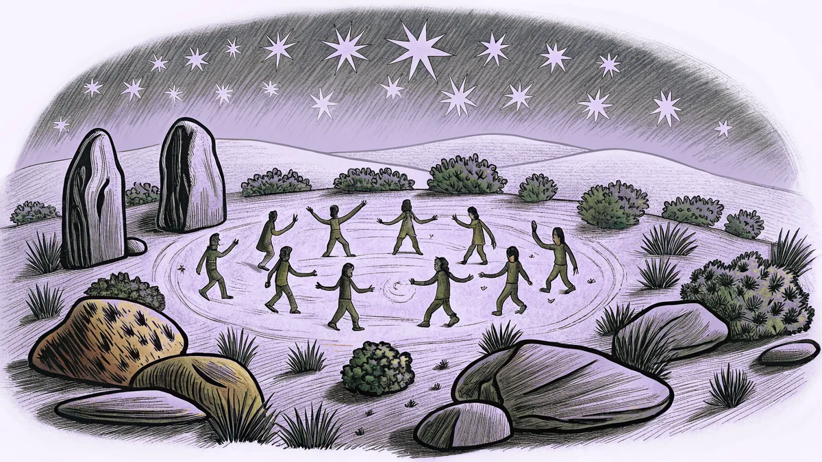 Ancient spiritual beings walk across ochre earth beneath the boundless sky.