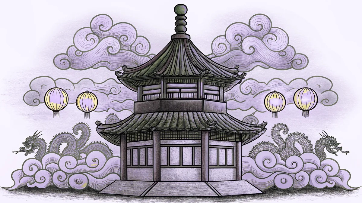 A beautiful jade pagoda with golden dragons amid red lanterns and mist.