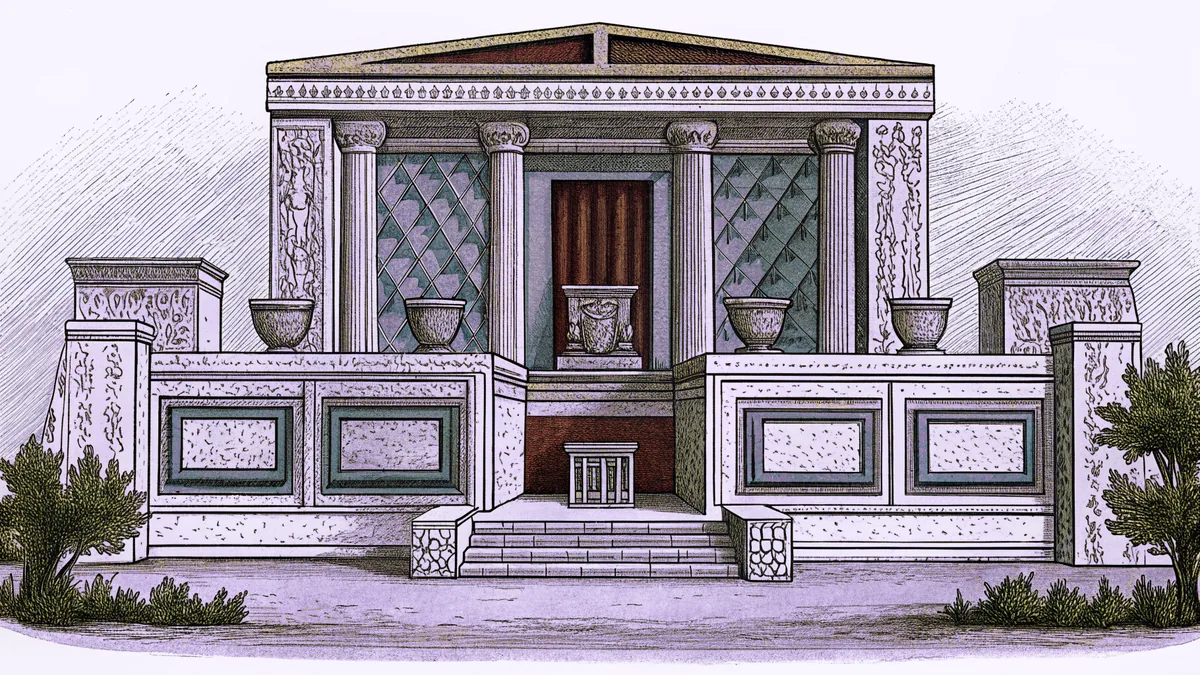 An ancient temple interior displaying Canaanite religious artifacts and ceremonial objects.