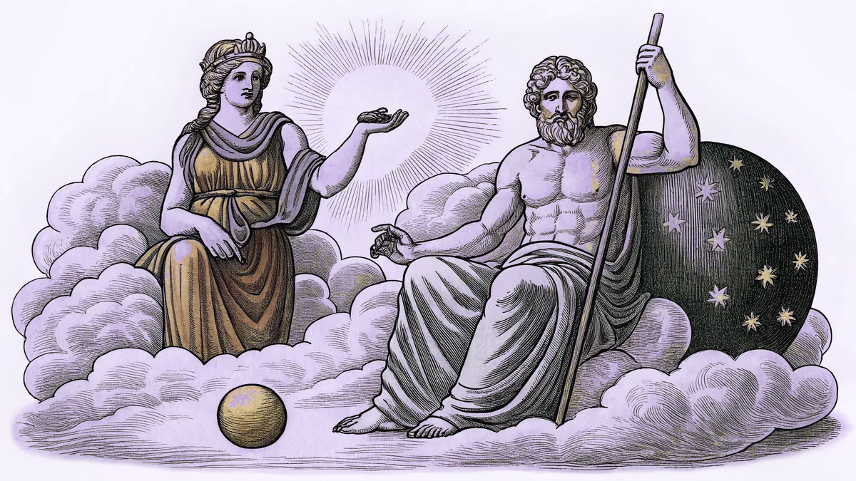The sky god Jupiter seated on clouds with Hera, surrounded by stars and heavenly light.