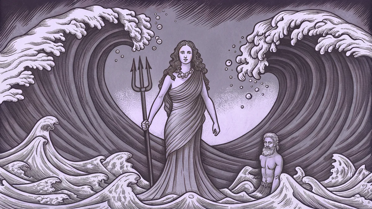 The sea goddess Amphitrite with Neptune among crashing waves, dolphins, and ocean creatures.