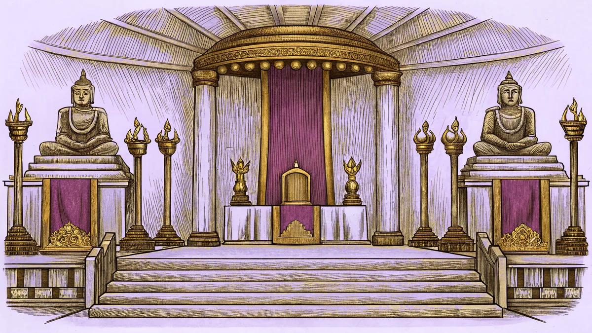 Golden deity statues and oil lamps adorning a colorful temple altar.