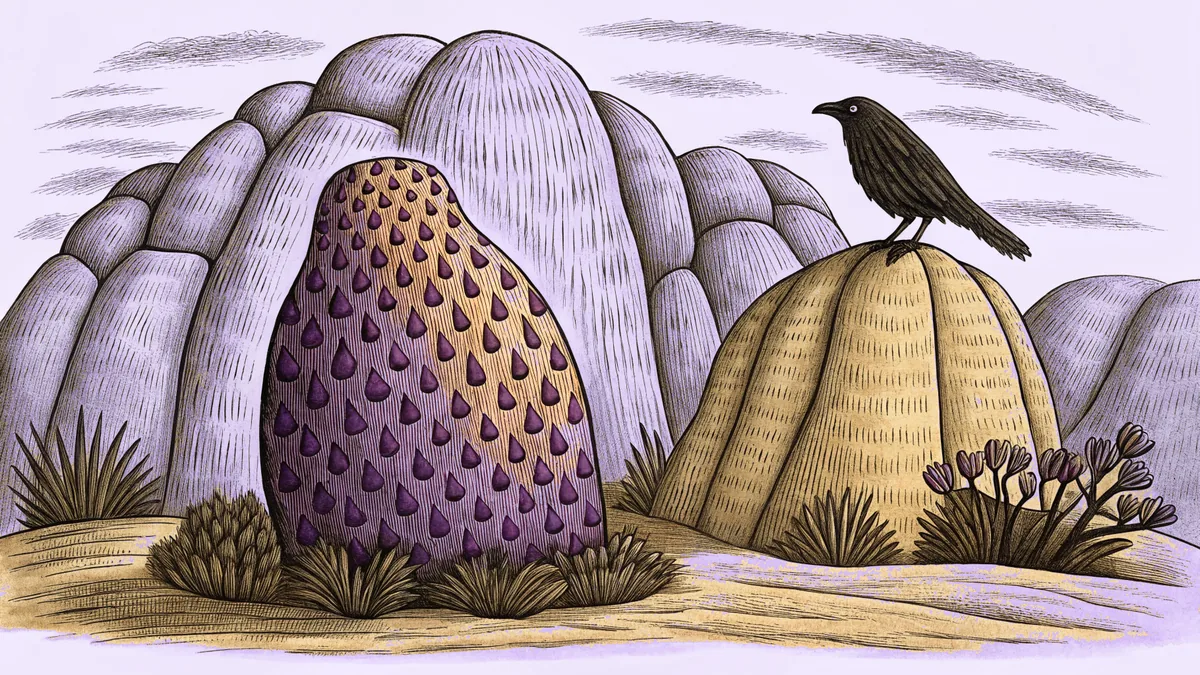A mythical creature and dark bird guard ancient Aboriginal ceremonial sites.