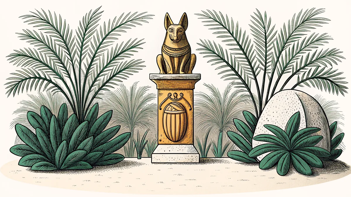 A carved jackal statue and scarab amulet beside a lotus column in sand.