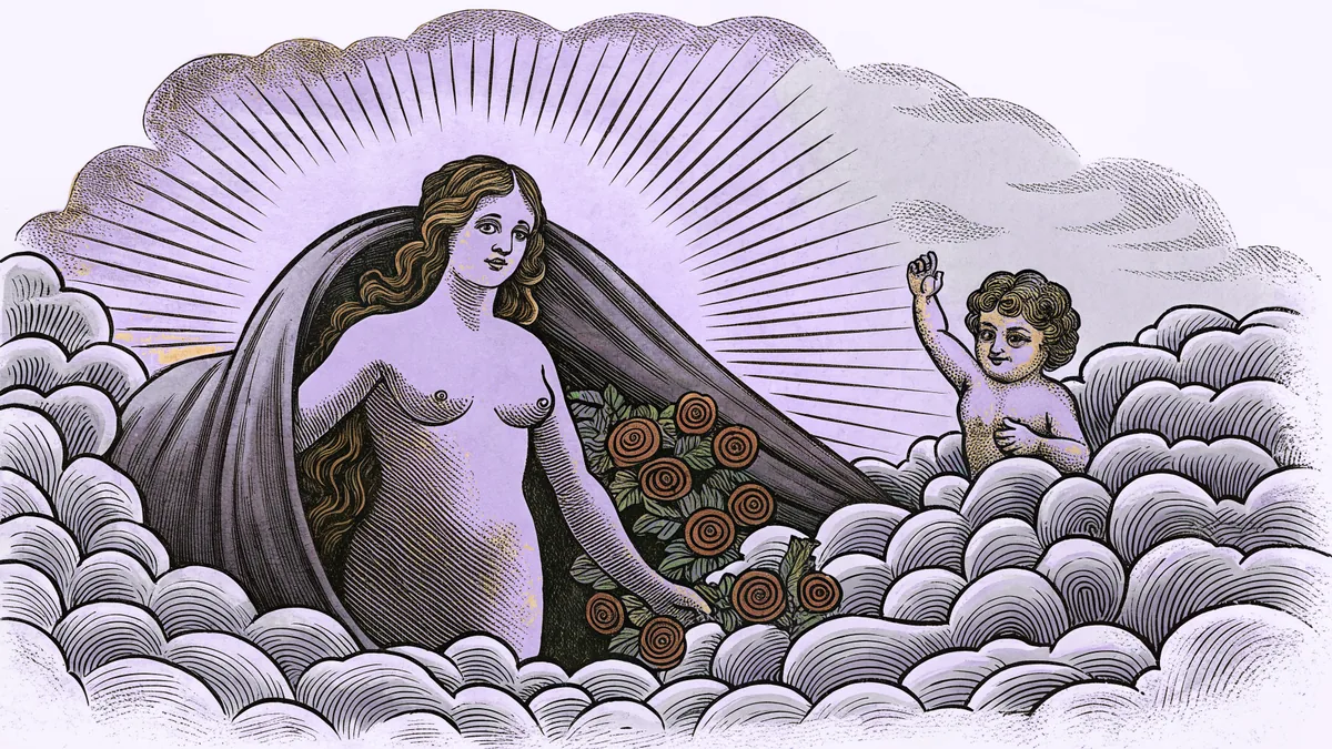 The goddess Aphrodite in flowing robes with Cupid amid roses and shimmering ocean spray.