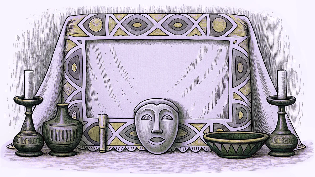 Traditional African ceremonial masks and sacred ritual objects honor ancestral spiritual heritage.