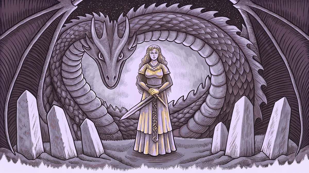 A Norse warrior in gleaming armor facing a fierce dragon near stone monuments.