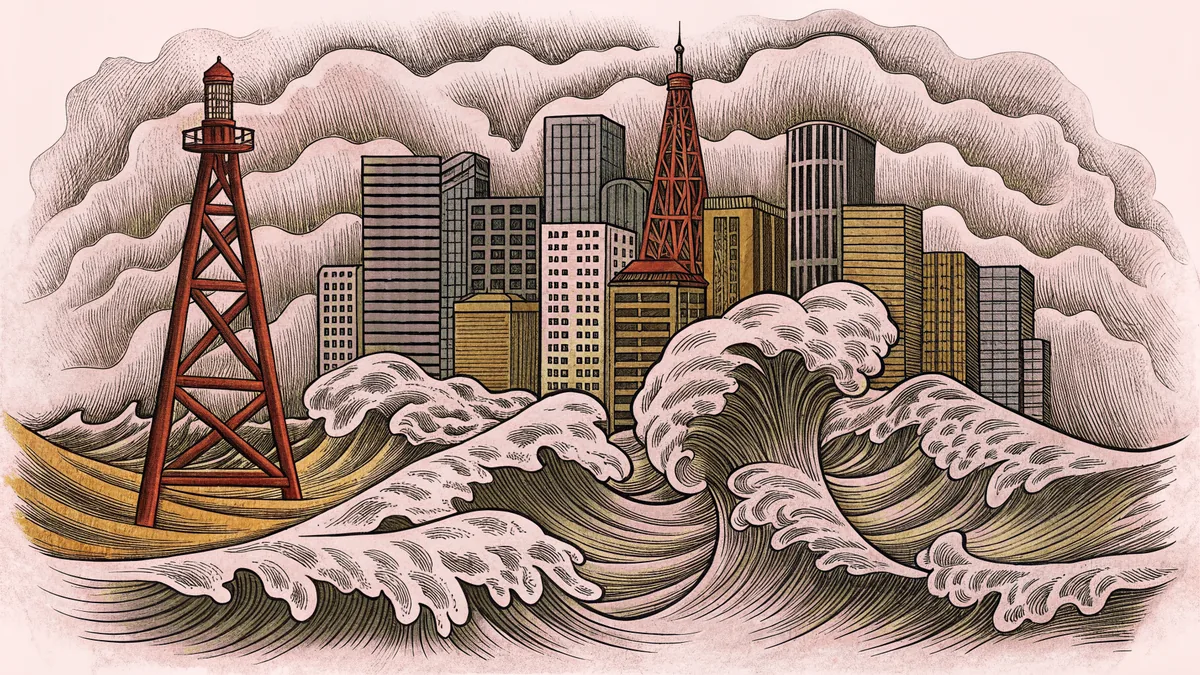 A city skyline looms under stormy night light as a radio tower topples toward a rising harbor wave.