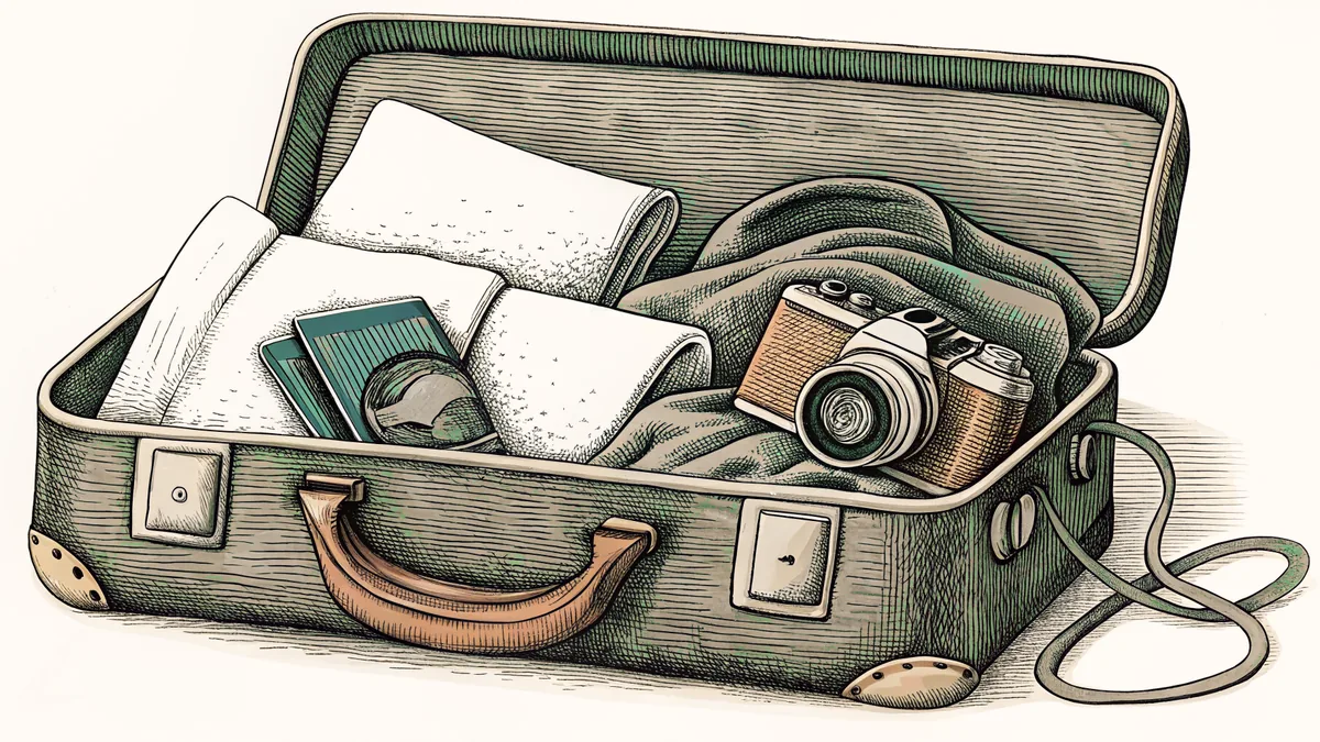 Travel essentials packed on a hotel bed: suitcase, camera, and souvenir.