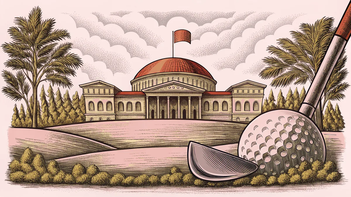 A golf club strikes a ball toward a flag on a manicured green.