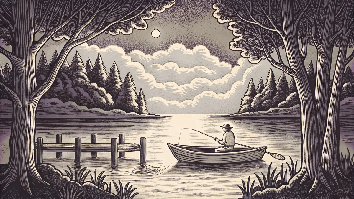 An angler casts a line from a boat while a bobber floats on the water.