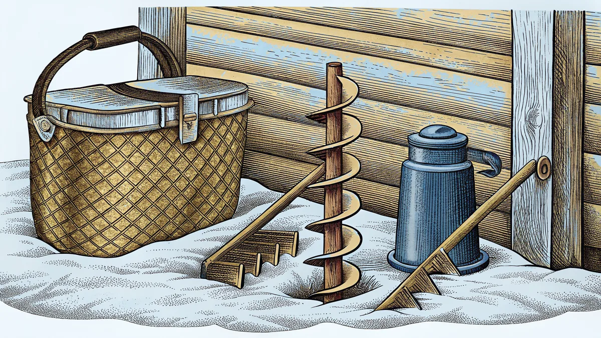 Ice-fishing tools including an auger and bucket sit near a remote fishing shelter.