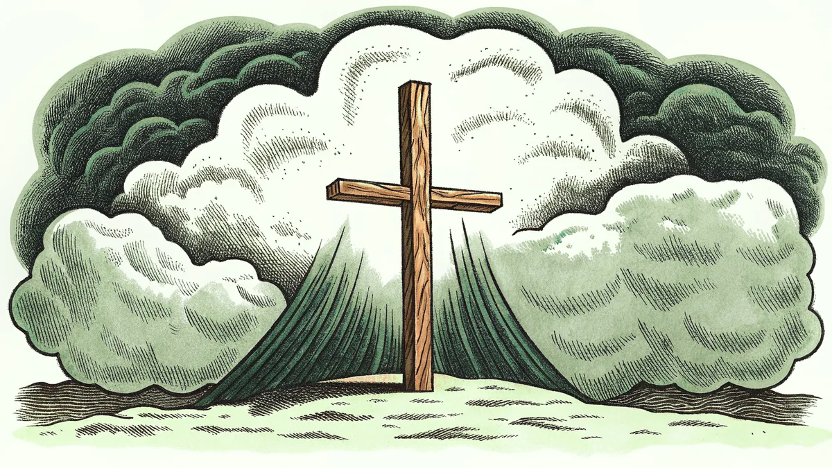 A wooden cross stands stark against a darkened sky on Calvary's terrain.