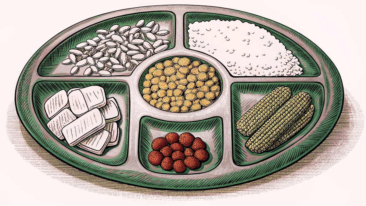 The balanced plate shows healthy portions of grains, vegetables, and dairy foods.
