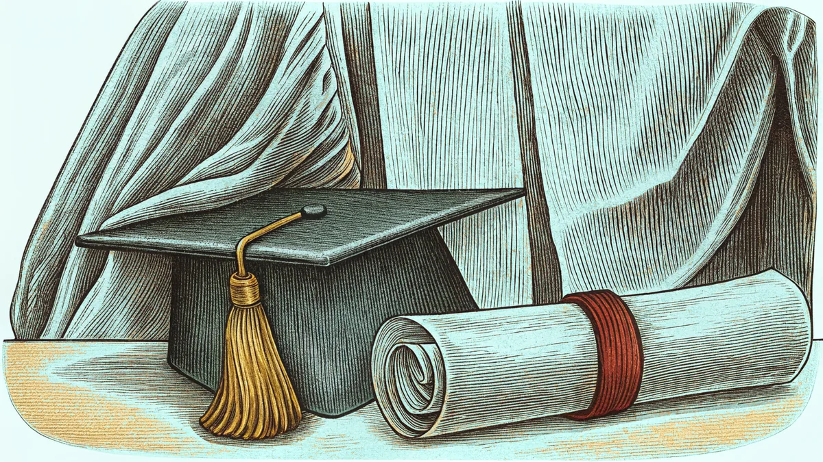 A rolled diploma tied with ribbon rests beside a cap, tassel, and gown.