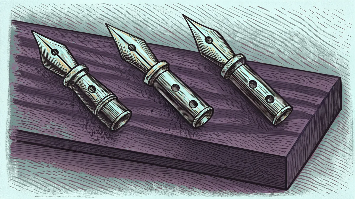 Three brass pen nibs arranged in a row on a slanted wooden board.