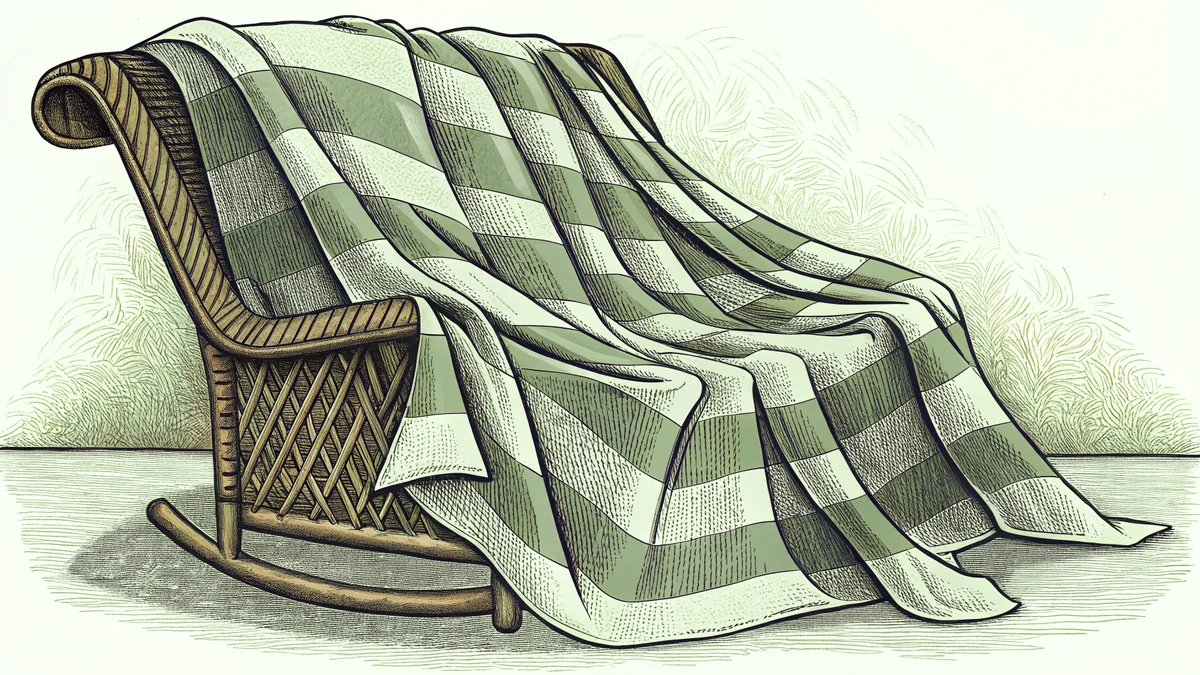 A woven plaid blanket draped over a rocking chair, reaching down to the floor.