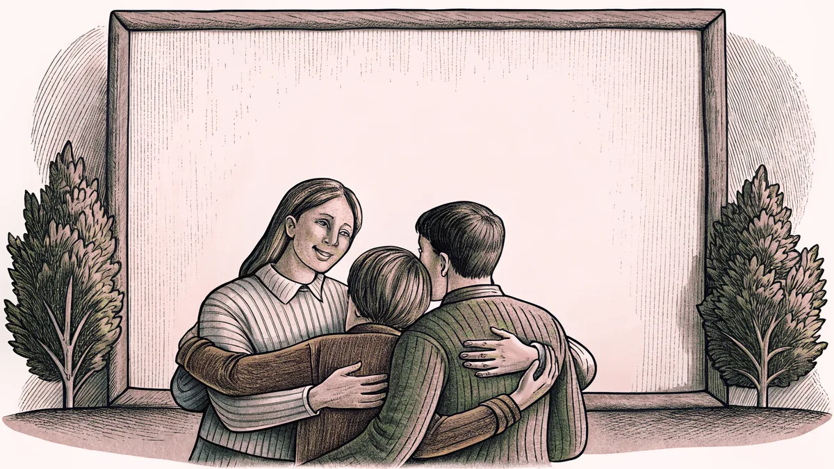 A family embraces in a moment of warmth and grateful appreciation.