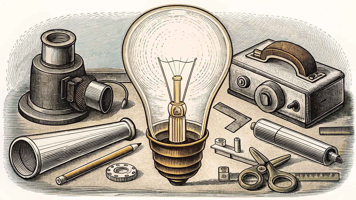 An inventor's workshop with tools, engines, and experimental devices.