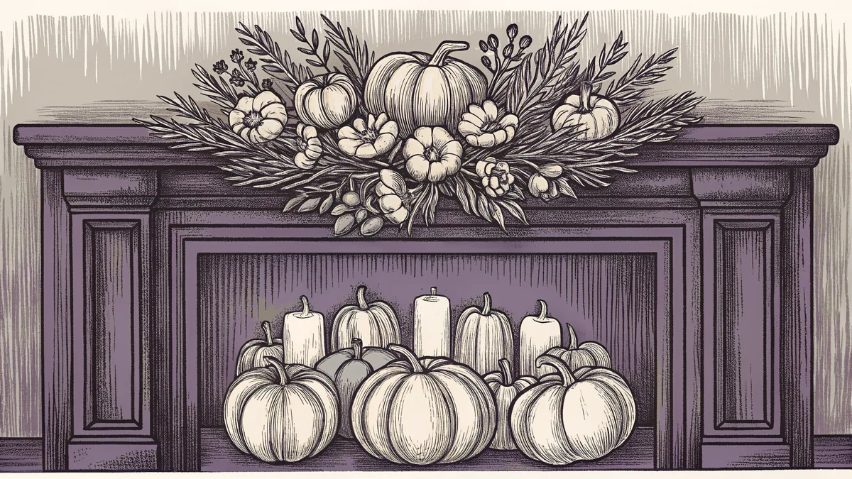 Autumn decorations arranged by a fireplace hearth.
